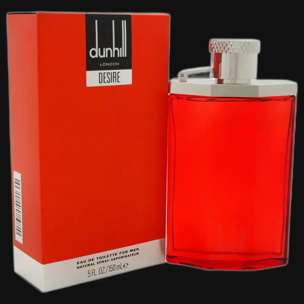 Men's cologne bottle and red box, both with dunhill Desire label