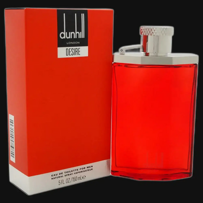 Men's cologne bottle and red box, both with dunhill Desire label
