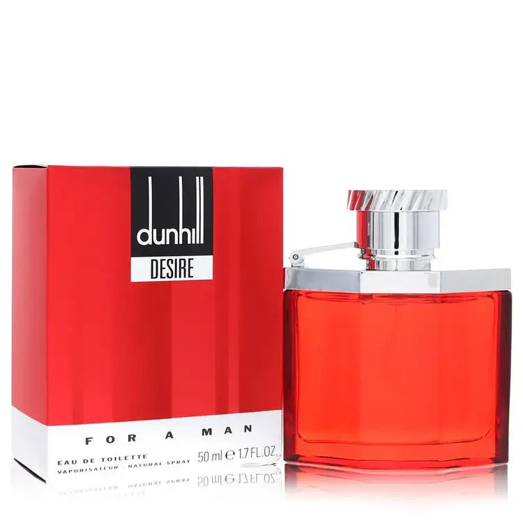dunhill Desire cologne bottle with red glass and silver spray top beside red box