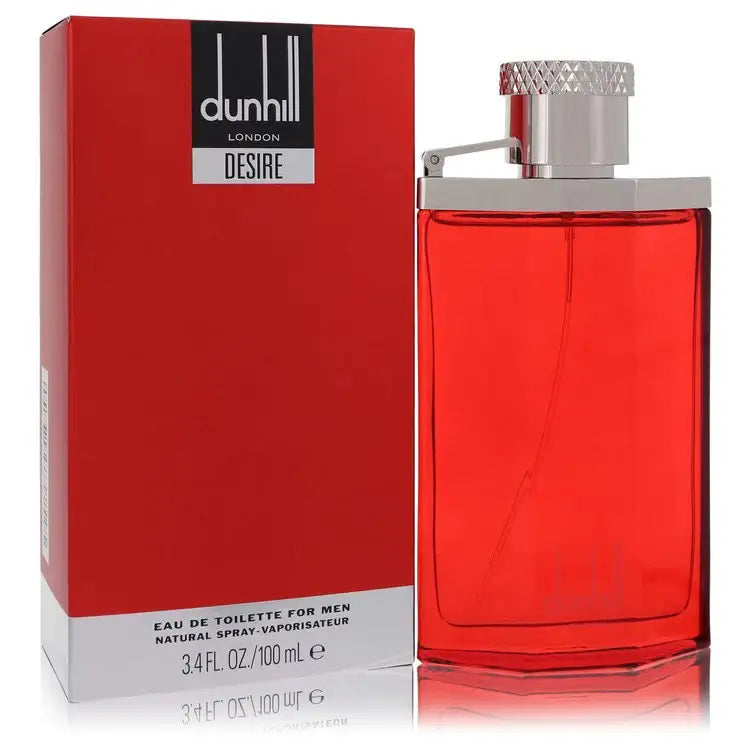 dunhill Desire men's cologne bottle with silver textured cap and red box