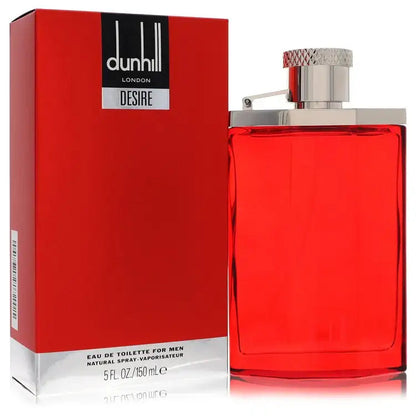 Men's cologne bottle and tall red box with dunhill Desire label