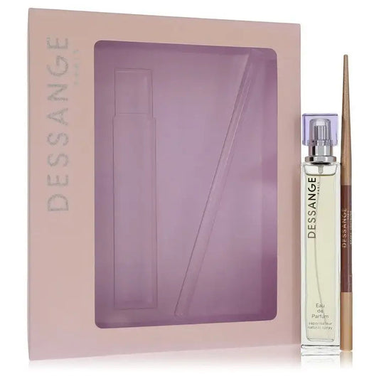 J. Dessange perfume bottle and lip pencil beside gift box with clear window