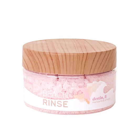 Beach rinse jar with wood lid, pink scrub, labeled destin, fl