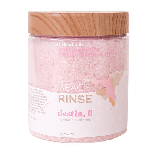 Beach rinse jar with wood lid, pink granules, labeled destin, fl