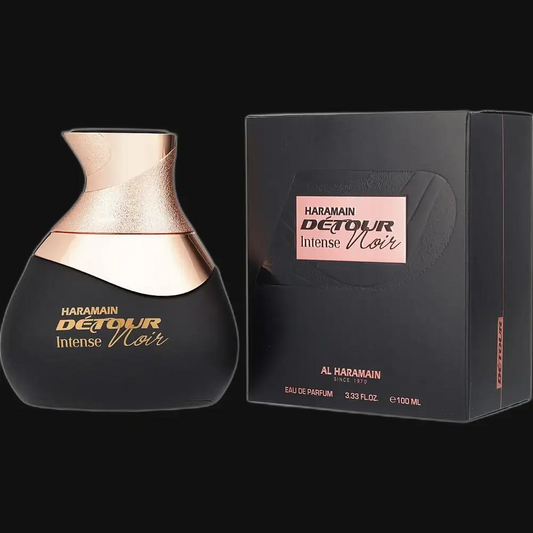 Detour Noir Intense eau de parfum bottle and box by Al Haramain, 100 mL