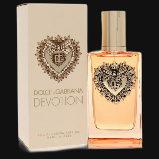 Women’s eau de parfum intense box and amber spray bottle with gold-tone heart logo