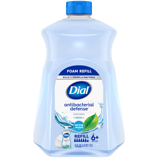 Dial antibacterial foaming hand soap refill, spring water, 52 fl oz; light blue bottle.