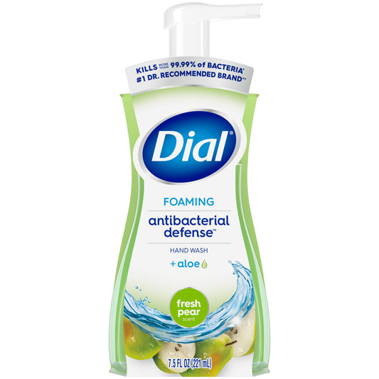 Dial foaming antibacterial hand wash pouch with fresh pear scent and aloe, front