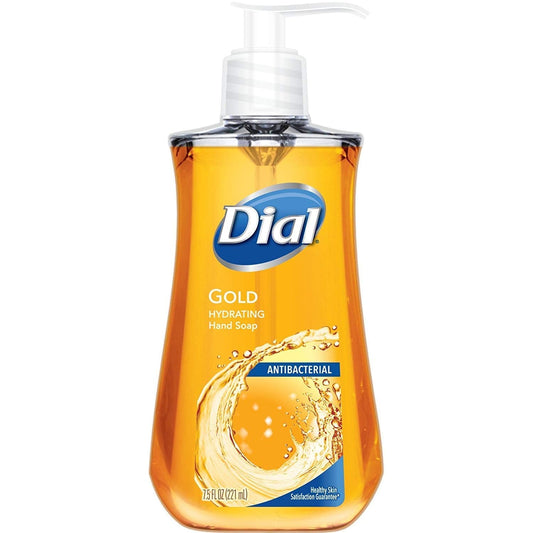 Dial Gold hydrating hand soap bottle, amber-gold liquid, blue Dial logo