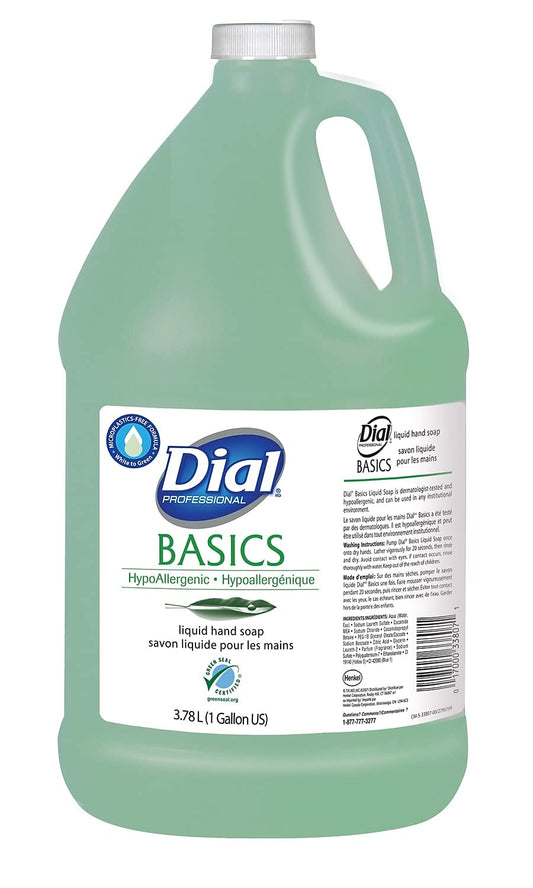 Mint green Dial Basics liquid hand soap refill jug with front label and side handle