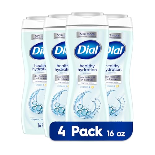 Dial healthy hydration body wash multipack: four pale blue bottles with white caps, 16 oz