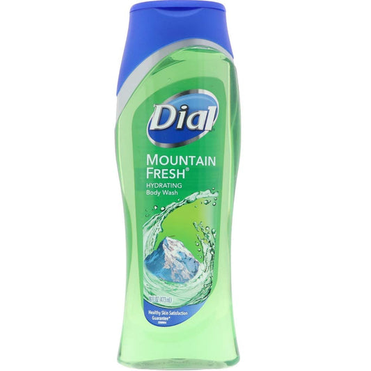Dial hydrating body wash bottle, green label with mountain scene and blue cap