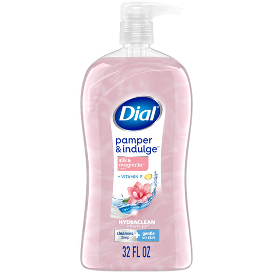 Pink body wash with clear pump and front label, silk & magnolia, 32 fl oz