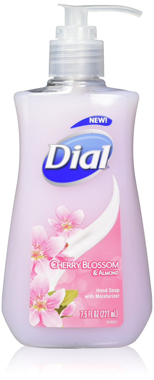 Dial hand soap bottle with clear pump and pink cherry blossom design on label.