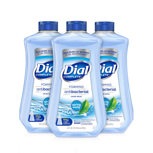 Dial Complete foaming antibacterial hand soap refills, 3-pack, blue bottles