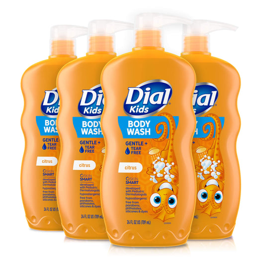 Kids body wash four-pack in orange bottles with citrus scent pump tops