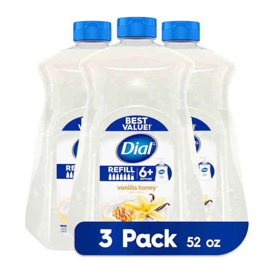 Liquid hand soap refill three-pack, Vanilla Honey scent, 52 oz bottles, blue caps.