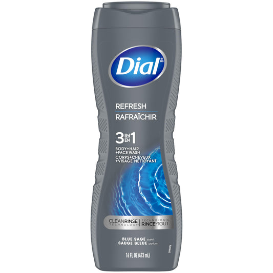 Dial Refresh 3-in-1 body and face wash bottle, dark gray with blue Dial emblem