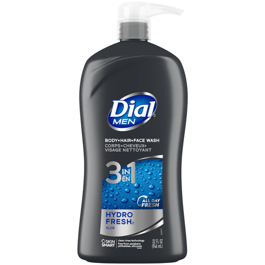 3-in-1 hair, body & face wash bottle with pump; dark bottle, blue water-drop label