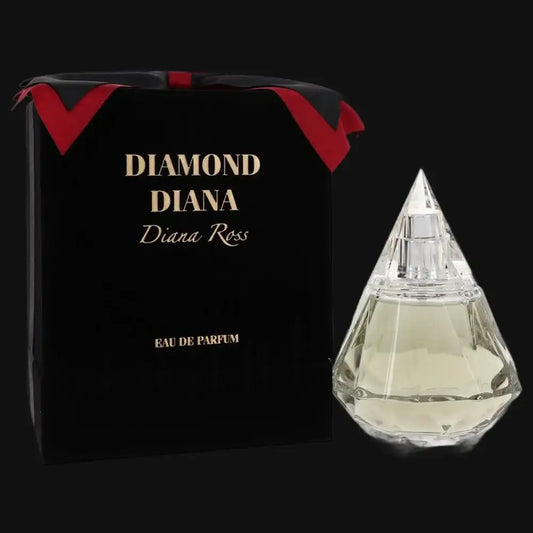Women’s eau de parfum set with glass faceted bottle and black gift box, red ribbon accents