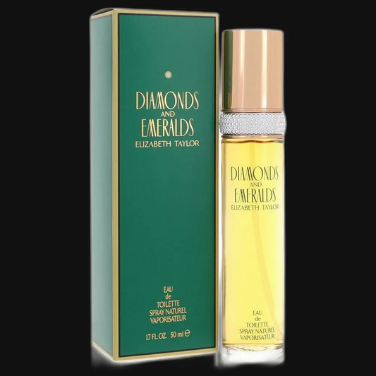 Women's perfume bottle with green box, gold cap, yellow liquid, Diamonds & Emeralds