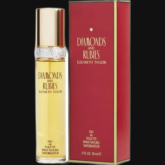 Elizabeth Taylor Diamonds and Rubies perfume bottle with gold cap and red box