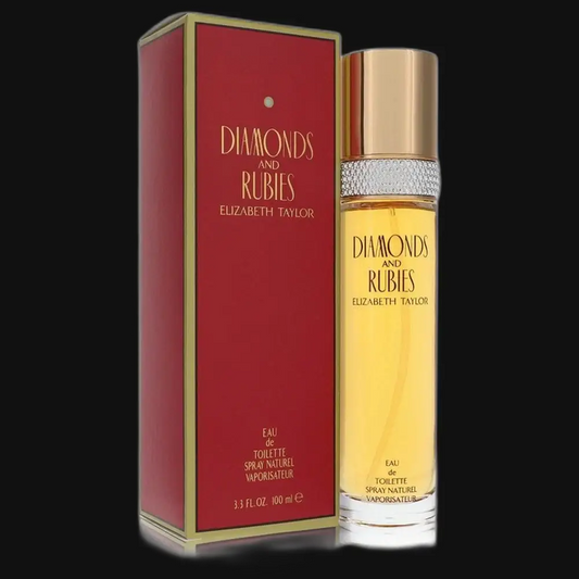 Elizabeth Taylor Diamonds and Rubies perfume bottle with gold cap and tall red box