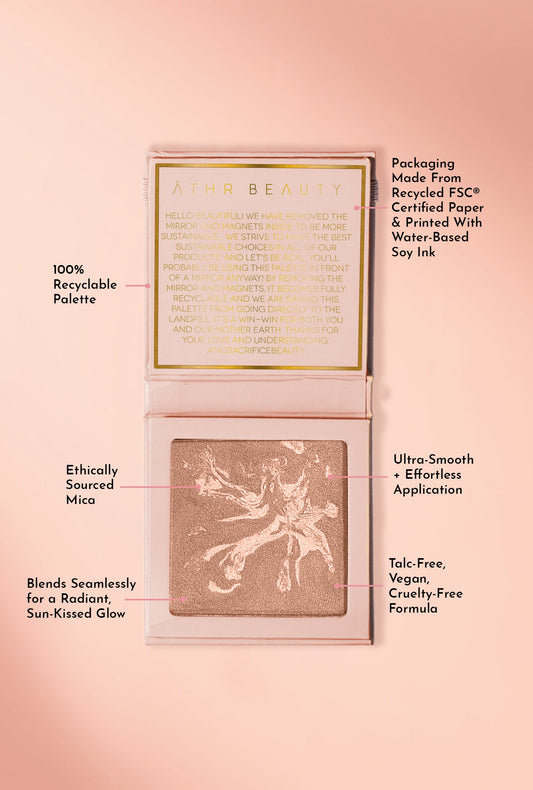 Bronzing powder compact back panel with ingredient text and packaging icons
