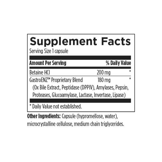 Supplement Facts label for Digestive Enzymes+ with ingredients and serving size