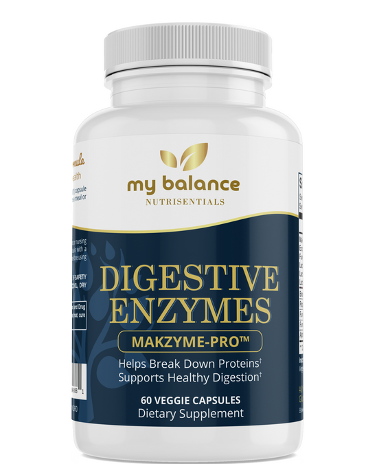 Digestive enzyme supplement bottle with my balance label, front panel text