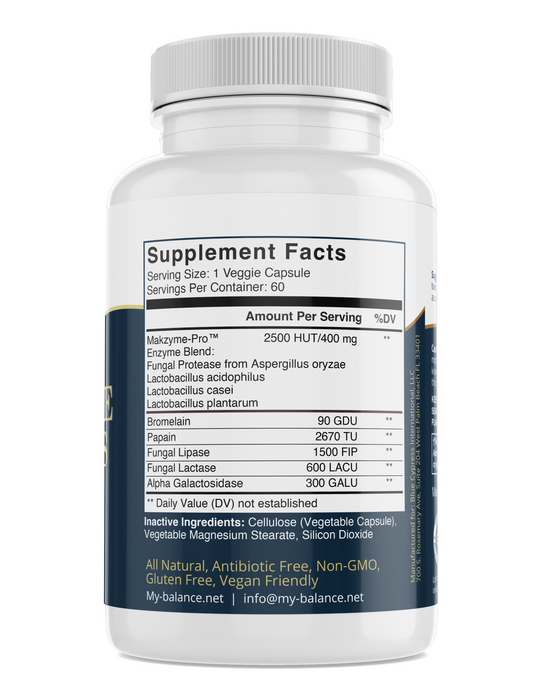 Digestive enzyme supplement bottle with Supplement Facts panel on back