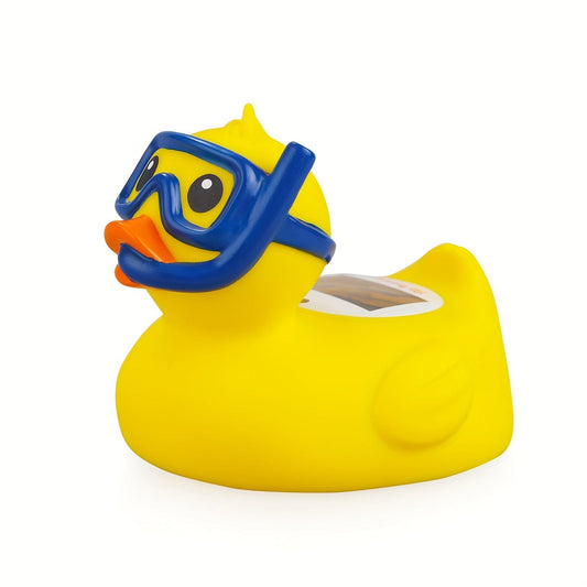 Duck-shaped bath thermometer toy with thermometer display window on yellow body