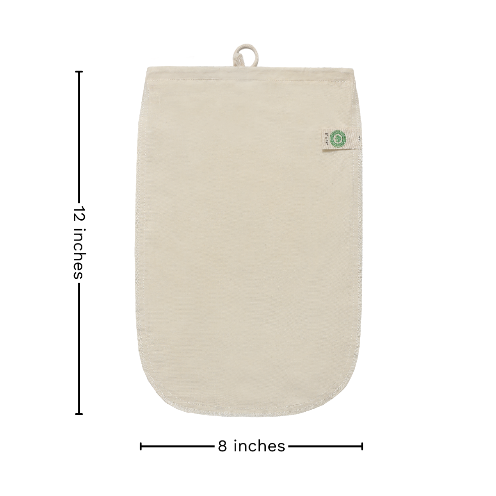 Nut milk bag, off-white mesh pouch, 8 in wide x 11.2 in tall