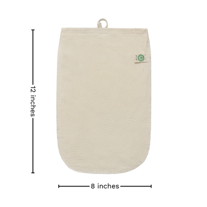 Nut milk bag, off-white mesh pouch, 8 in wide x 11.2 in tall