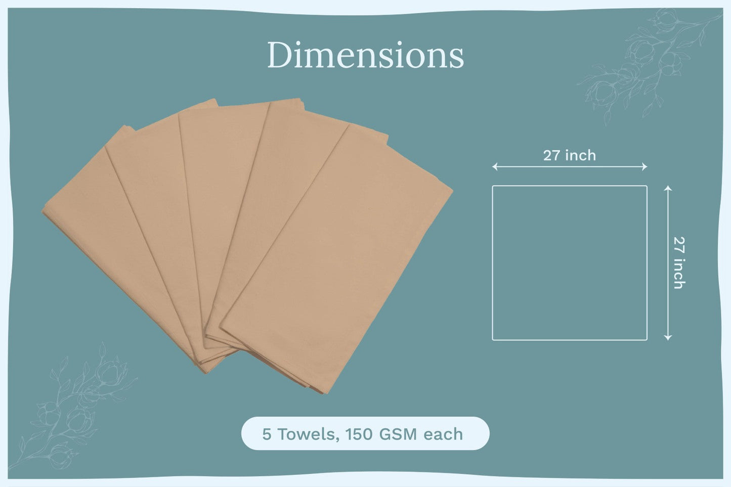 Flour sack kitchen towels, light beige set with size layout diagram