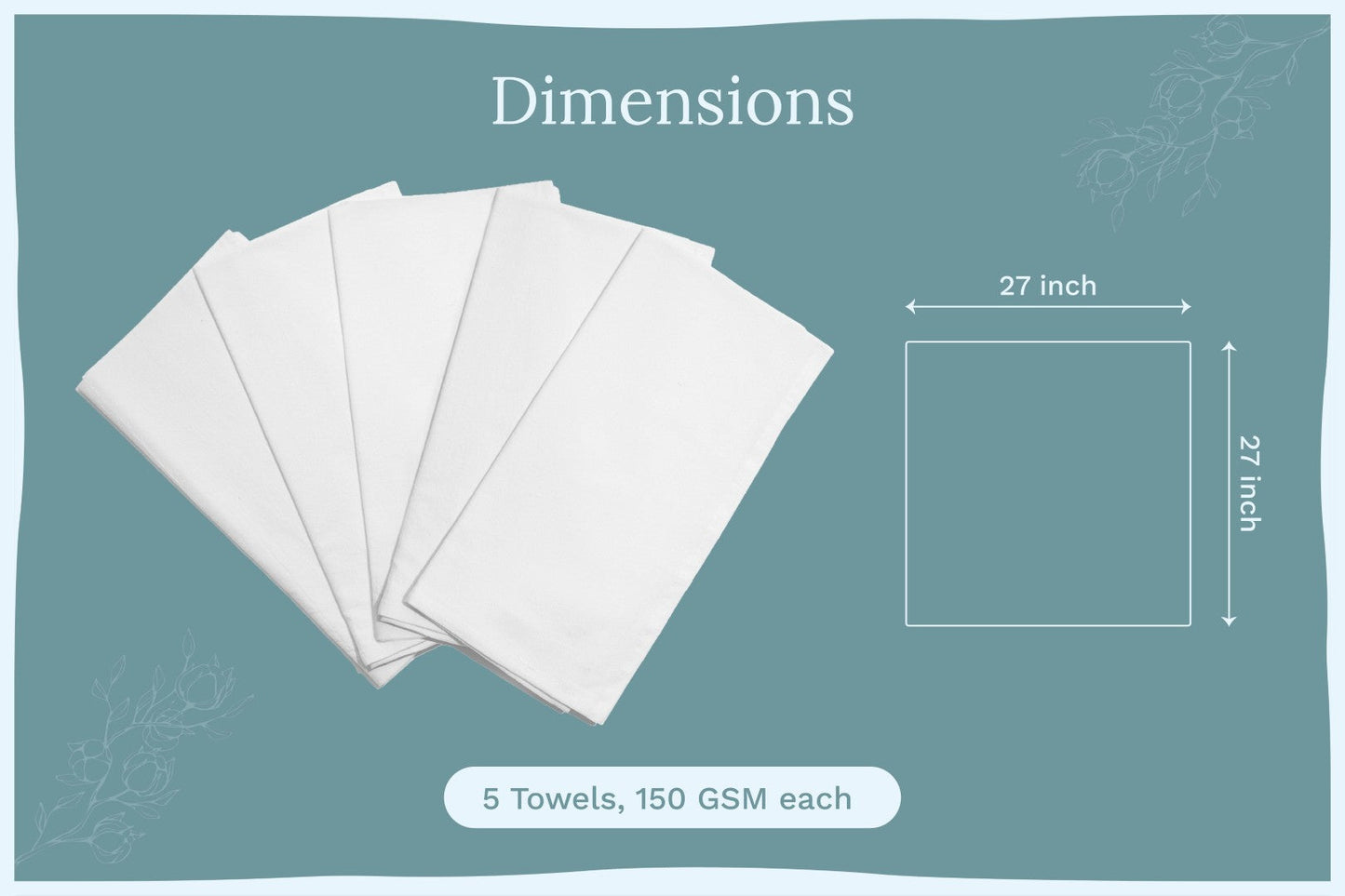 Five white kitchen flour sack towels arranged with measurement box