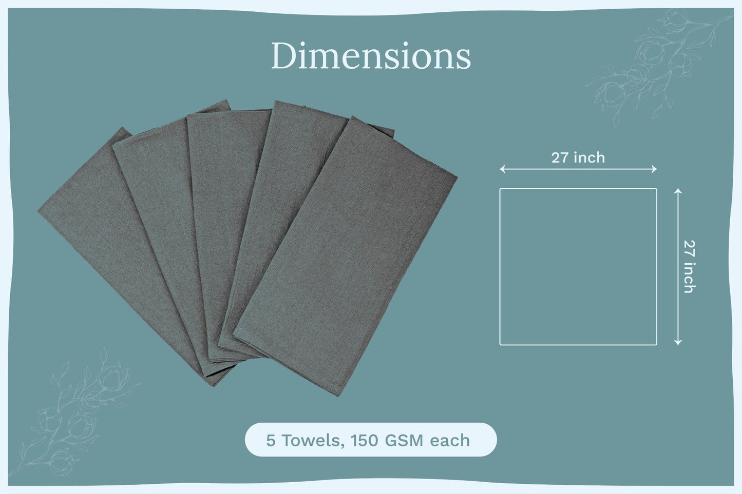 Five gray flour sack kitchen towels, 27 in by 21 in each, 150 GSM