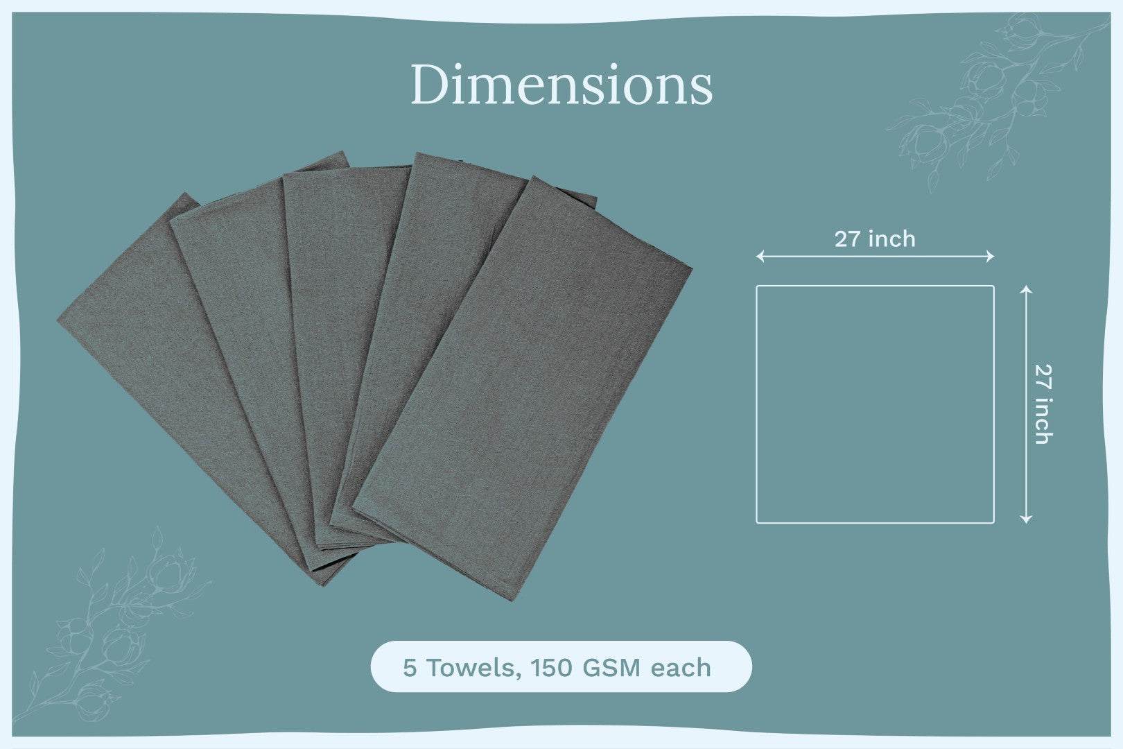 Five gray flour sack kitchen towels, 27 in by 21 in each, 150 GSM