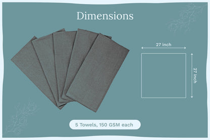 Five gray flour sack kitchen towels, 27 in by 21 in each, 150 GSM