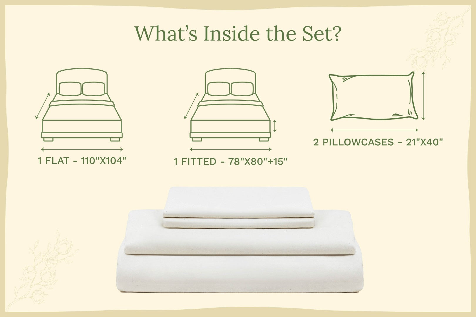Off-white organic sateen bed sheet set with folded flat, fitted sheet, and pillowcases