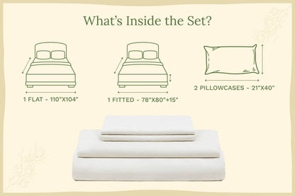 Off-white organic sateen bed sheet set with folded flat, fitted sheet, and pillowcases