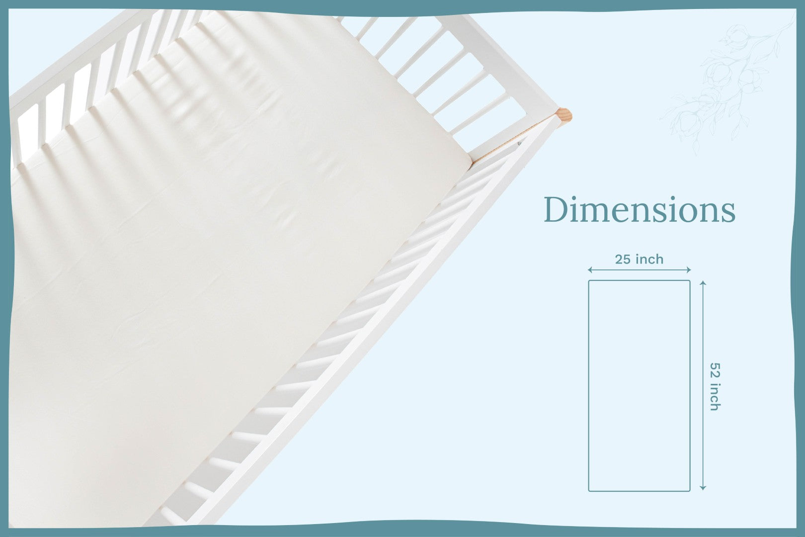 Baby crib fitted sheet with corner fit, dimensions diagram on background