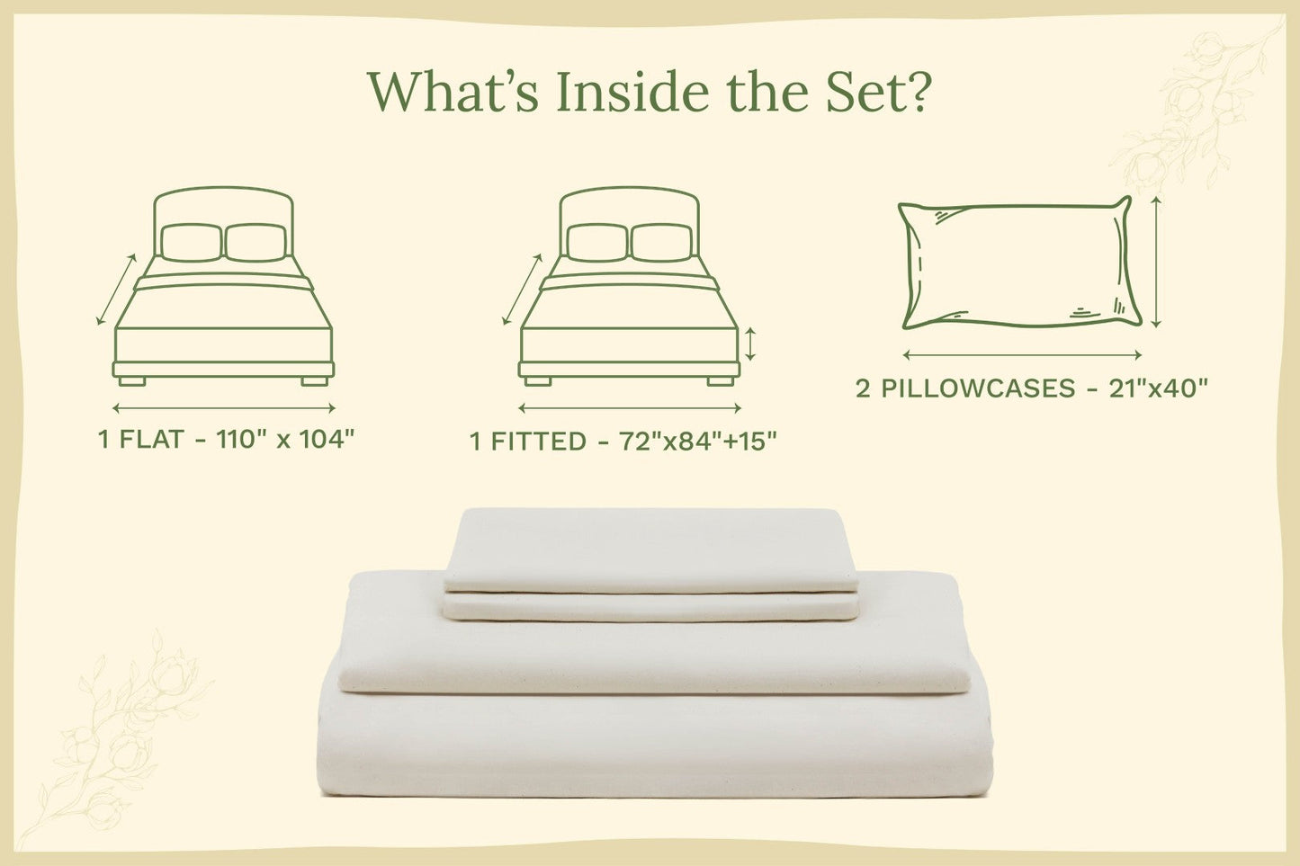 Organic sateen bed sheet set with folded flat sheet and fitted sheet, light cream