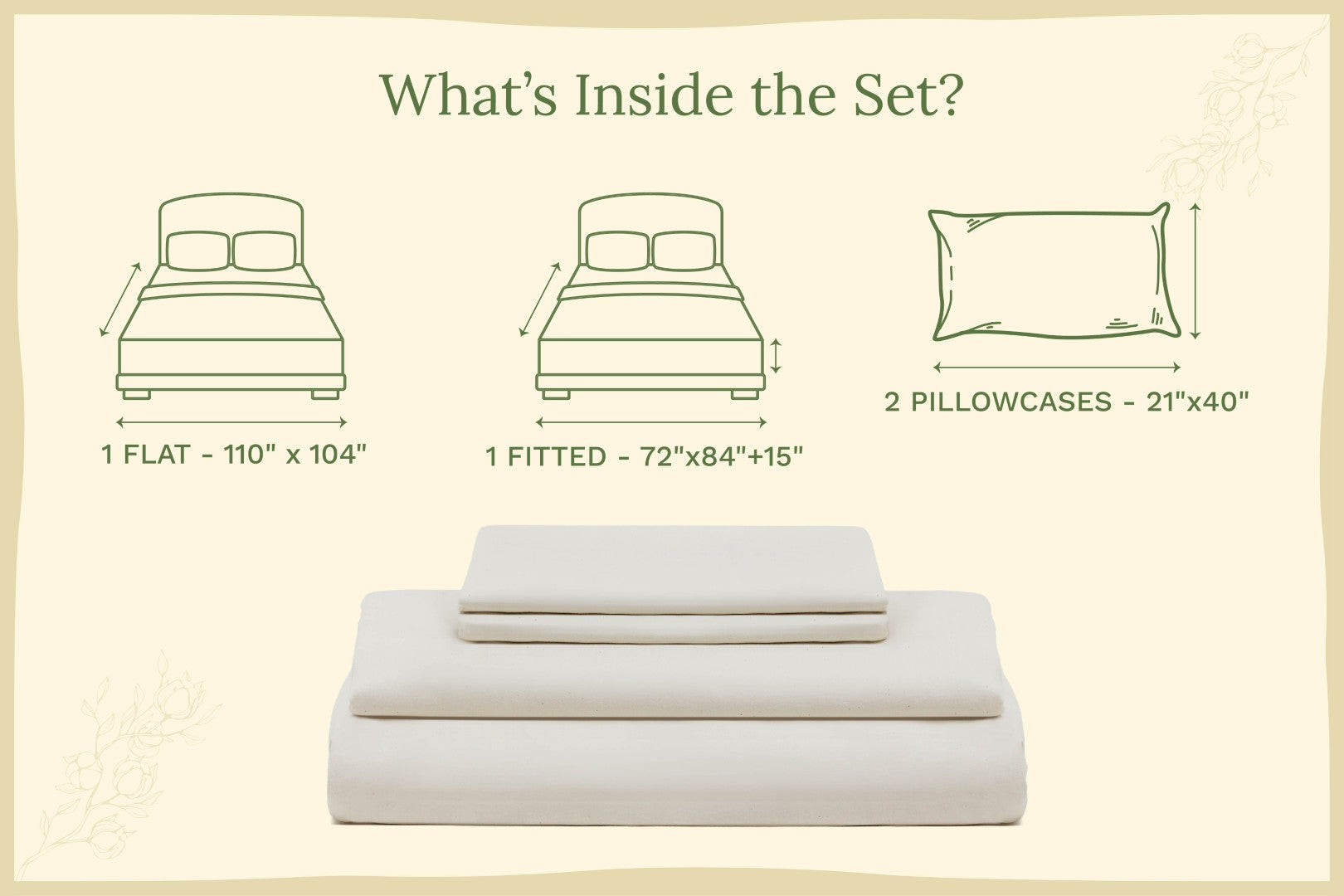 Organic sateen bed sheet set with folded flat sheet and fitted sheet, light cream