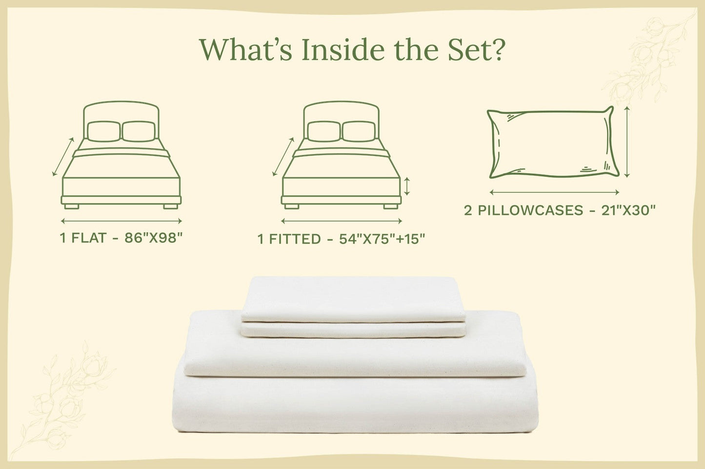 Off-white organic sateen bed sheet set with folded flat, fitted sheet, and pillowcases