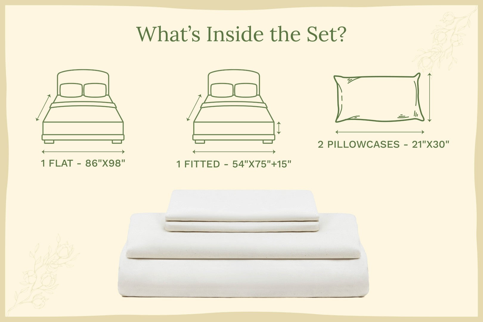 Off-white organic sateen bed sheet set with folded flat, fitted sheet, and pillowcases