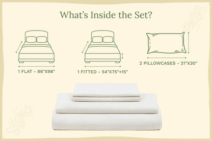 Off-white organic sateen bed sheet set with folded flat, fitted sheet, and pillowcases