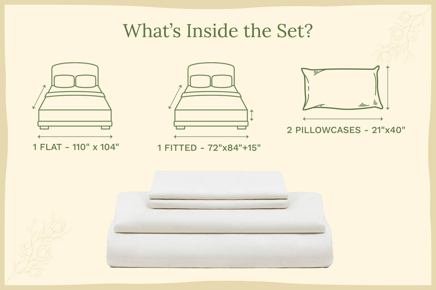 Off-white organic sateen bed sheet set with folded flat sheet and fitted sheet