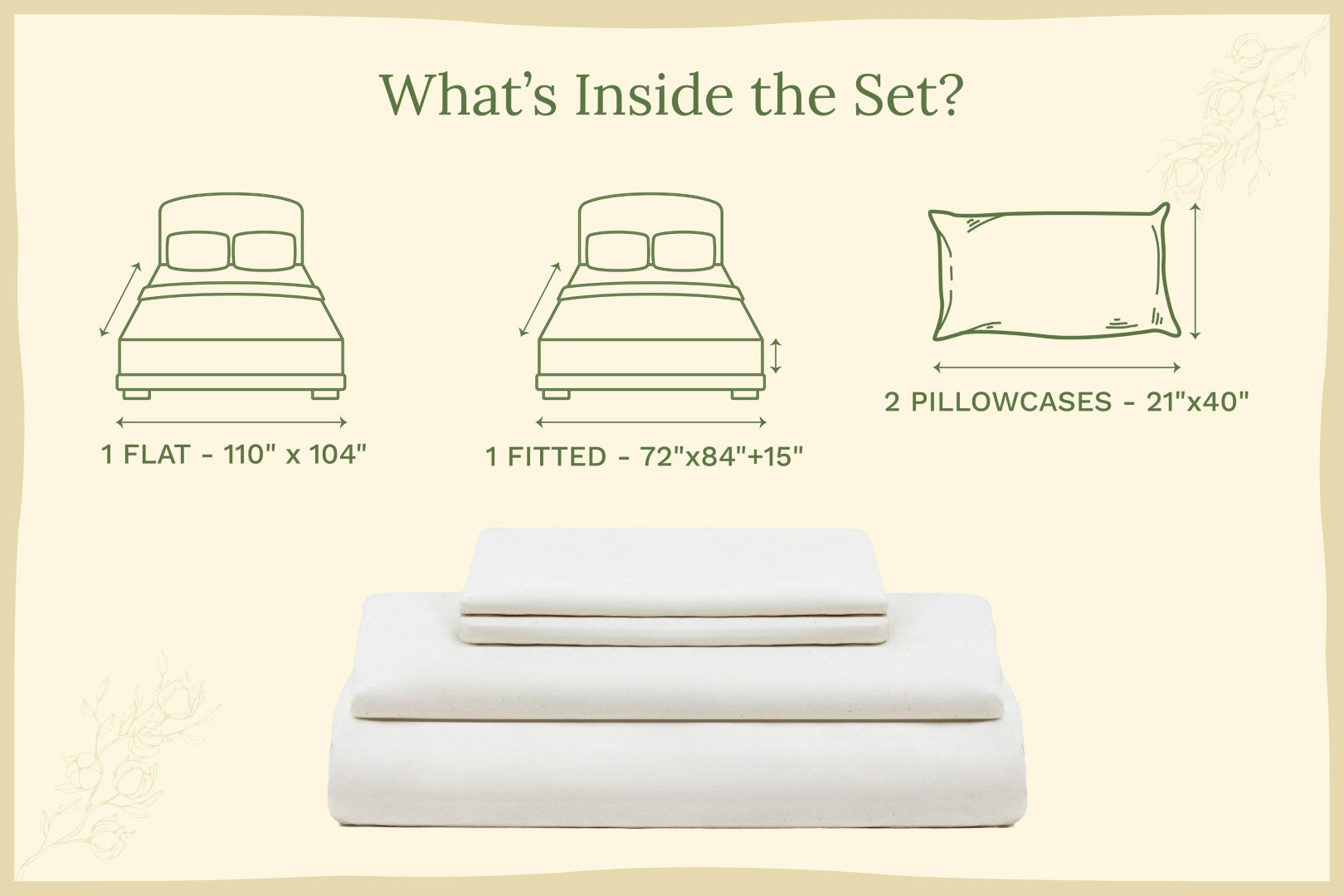 Off-white organic sateen bed sheet set with folded flat sheet and fitted sheet
