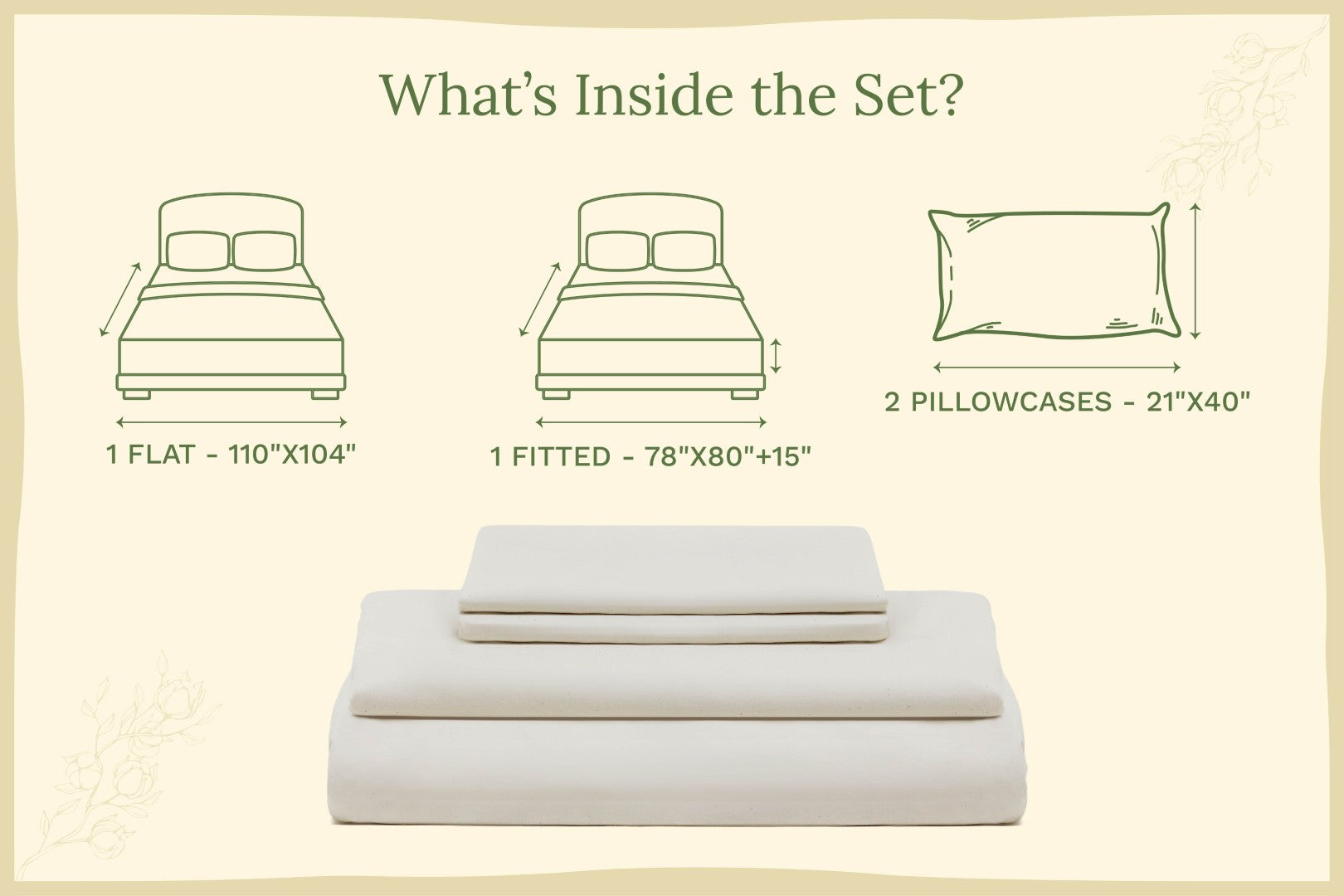 Bed sheet set including flat sheet, fitted sheet, and 2 pillowcases